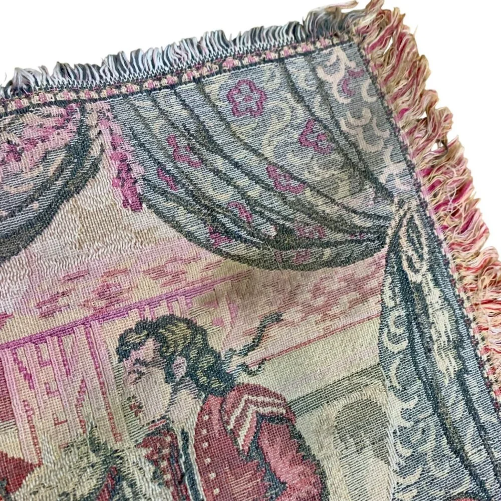 VTG Italian Tapestry Wall Hanging Elegant 19th Century Garden Scene Courting